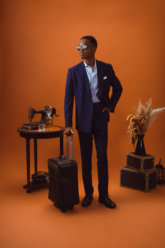 COSTUME - PALETO MASC. SLIM GOLA BICO TRANSPASSADO/CALÇA MASCULINO SLIM PERNA AJUSTADO COR MARINHO