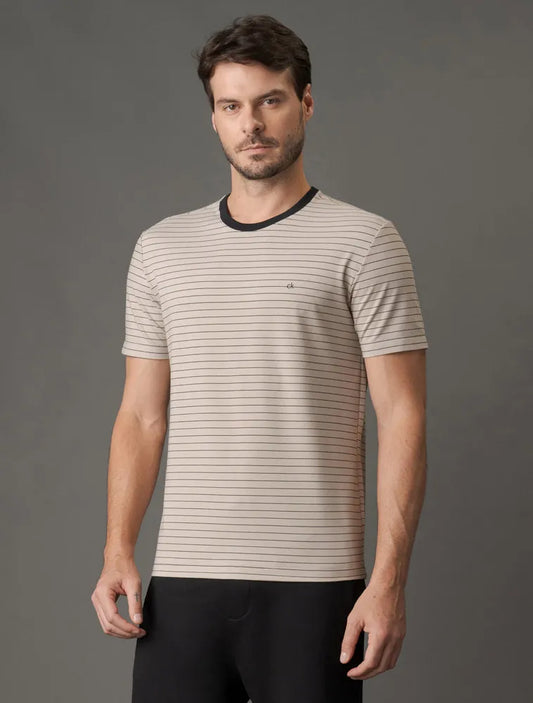 CAMISETA MC CK MASC PIQUET LISTRADO SILK OFF WHITE