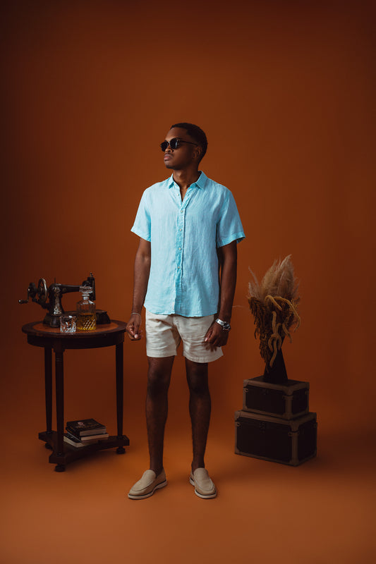 CAMISA FORMENTERA 100% LINHO MC AZUL TURQUESA