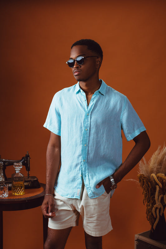 CAMISA FORMENTERA 100% LINHO MC AZUL TURQUESA